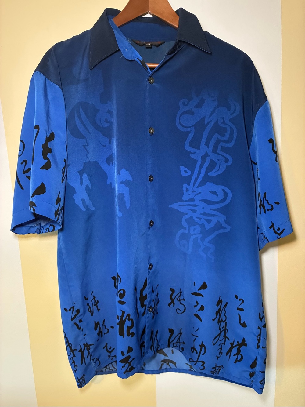 Vintage Mecca Sport Blue Dragon Calligraphy Button Up Shirt M Y2K All Over Print